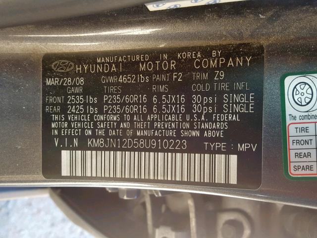 KM8JN12D58U910223 - 2008 HYUNDAI TUCSON SE GRAY photo 10