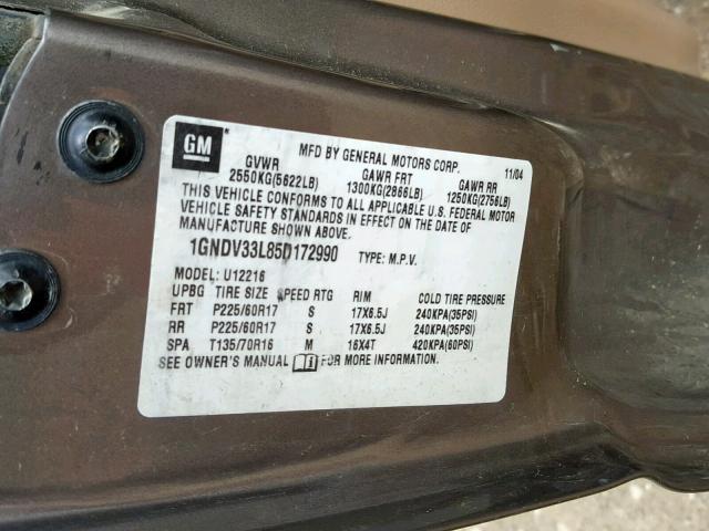 1GNDV33L85D172990 - 2005 CHEVROLET UPLANDER L 棕色 照片 10