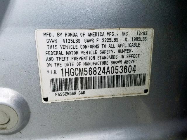 1HGCM56824A053604 - 2004 HONDA ACCORD EX SILVER photo 10