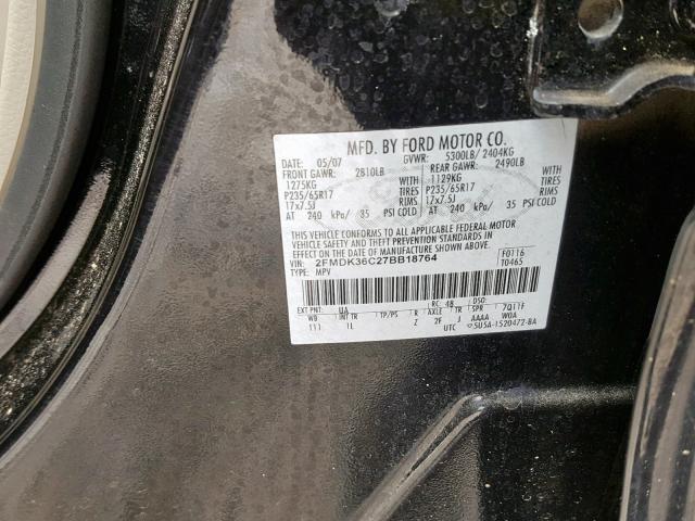 2FMDK36C27BB18764 - 2007 FORD EDGE SE BLACK photo 10