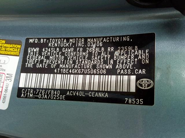 4T1BE46K67U506506 - 2007 TOYOTA CAMRY NEW GREEN photo 10