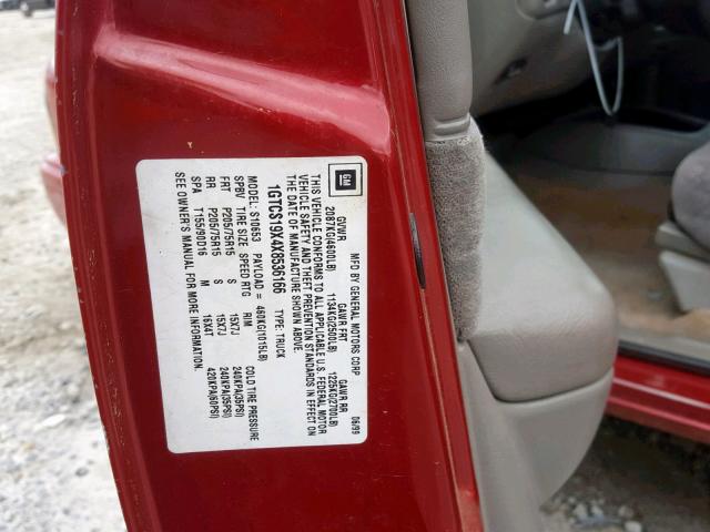 1GTCS19X4X8536166 - 1999 GMC SONOMA RED photo 10