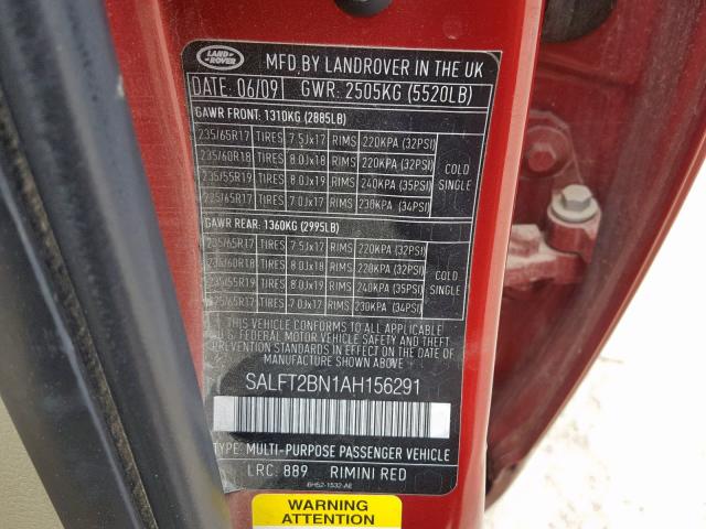 SALFT2BN1AH156291 - 2010 LAND ROVER LR2 HSE TE RED photo 10