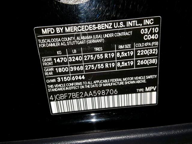 4JGBF7BE2AA598706 - 2010 MERCEDES-BENZ GL 450 4MA BLACK photo 10