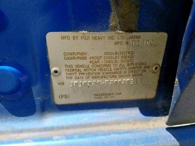 JF1GD29652G525318 - 2002 SUBARU IMPREZA WR BLUE photo 10