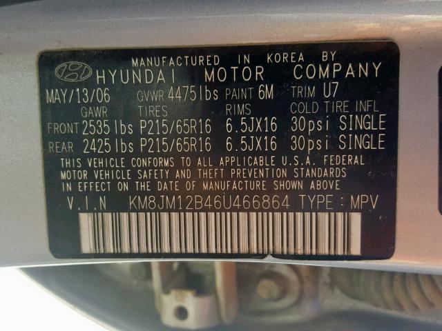 KM8JM12B46U466864 - 2006 HYUNDAI TUCSON GL SILVER photo 10