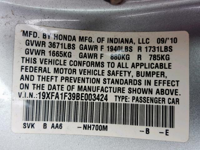 19XFA1F39BE003424 - 2011 HONDA CIVIC VP SILVER photo 10