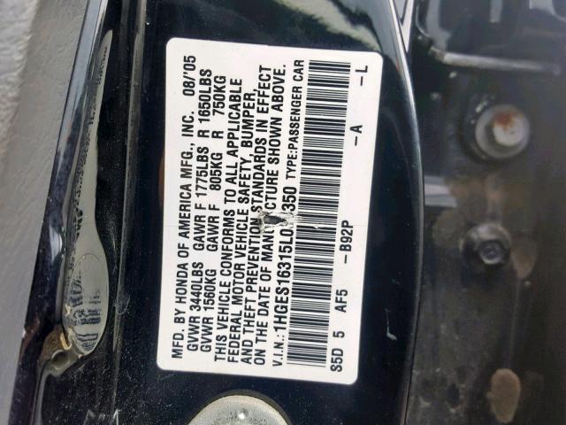 1HGES16315L030350 - 2005 HONDA CIVIC DX V BLACK photo 10