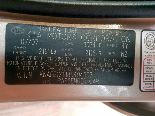 KNAFE121385494597 - 2008 KIA SPECTRA EX GOLD photo 10