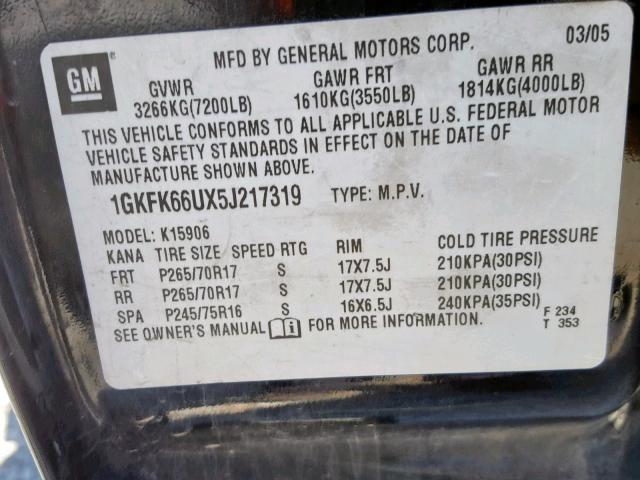 1GKFK66UX5J217319 - 2005 GMC YUKON XL D BLACK photo 10