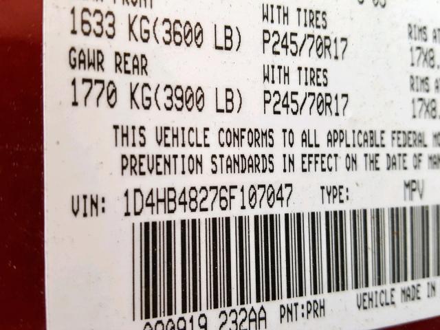 1D4HB48276F107047 - 2006 DODGE DURANGO SL MAROON photo 10