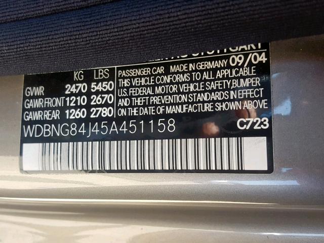 WDBNG84J45A451158 - 2005 MERCEDES-BENZ S 500 4MAT SILVER photo 10