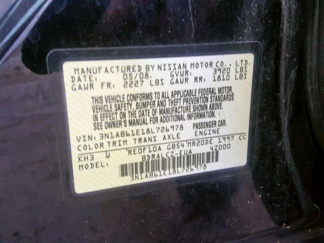 3N1AB61E18L726978 - 2008 NISSAN SENTRA 2.0 BLACK photo 10