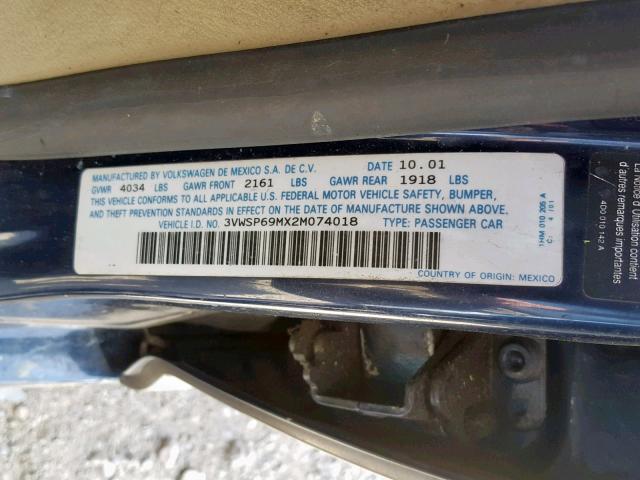 3VWSP69MX2M074018 - 2002 VOLKSWAGEN JETTA GLS GRAY photo 10