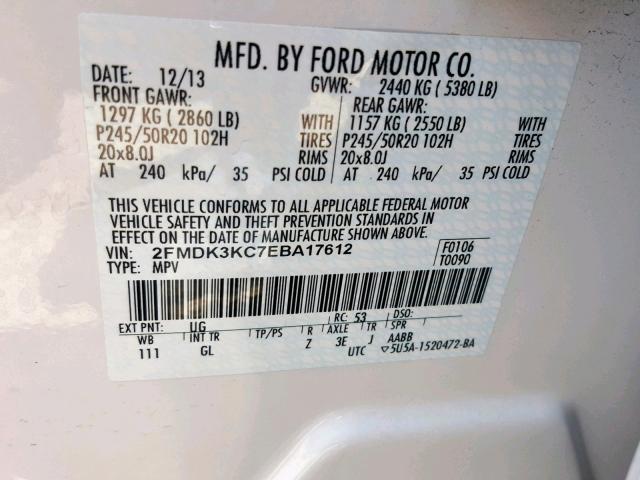 2FMDK3KC7EBA17612 - 2014 FORD EDGE LIMIT WHITE photo 10