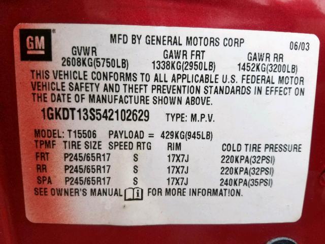 1GKDT13S542102629 - 2004 GMC ENVOY RED photo 10