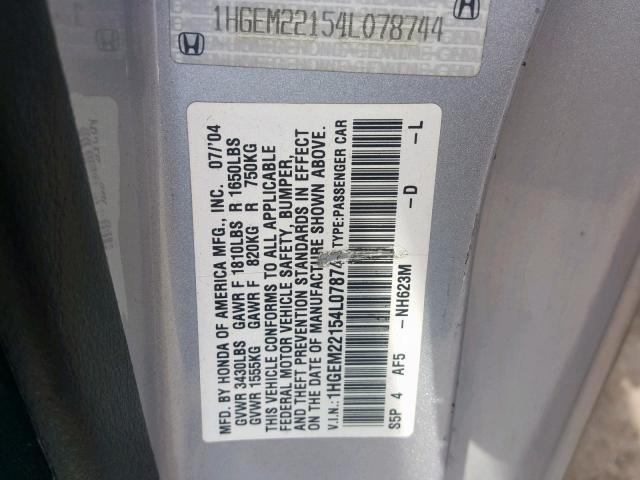 1HGEM22154L078744 - 2004 HONDA CIVIC DX V SILVER photo 10