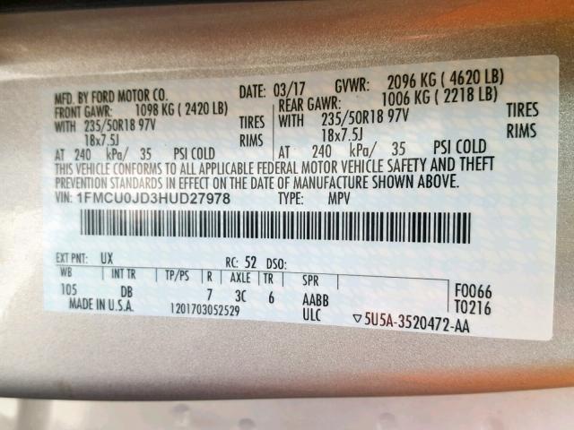 1FMCU0JD3HUD27978 - 2017 FORD ESCAPE TIT SILVER photo 10