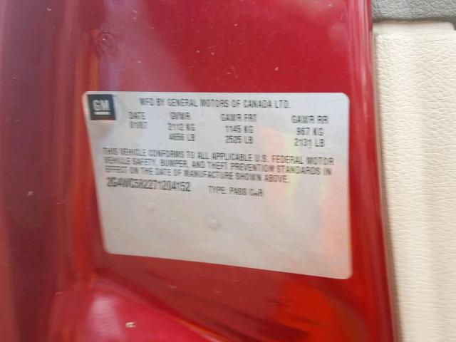 2G4WC582271204152 - 2007 BUICK LACROSSE C MAROON photo 10