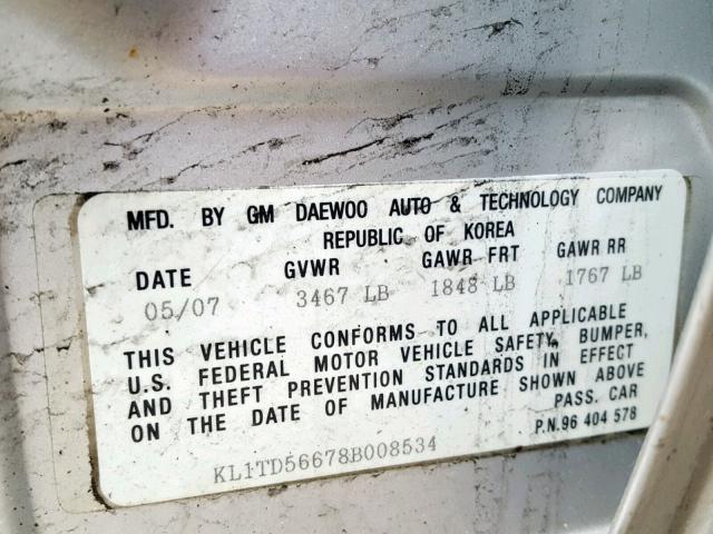 KL1TD56678B008534 - 2008 CHEVROLET AVEO BASE Сұр фото 10