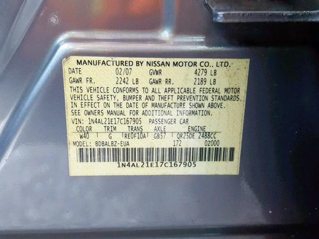 1N4AL21E17C167905 - 2007 NISSAN ALTIMA 2.5 GRAY photo 10