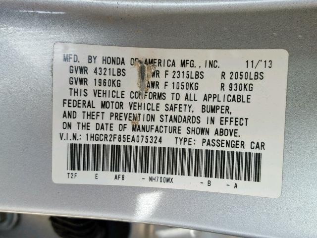 1HGCR2F85EA075324 - 2014 HONDA ACCORD EXL SILVER photo 10