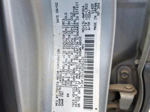 JTJHF10U120292123 - 2002 LEXUS RX 300 SILVER photo 10