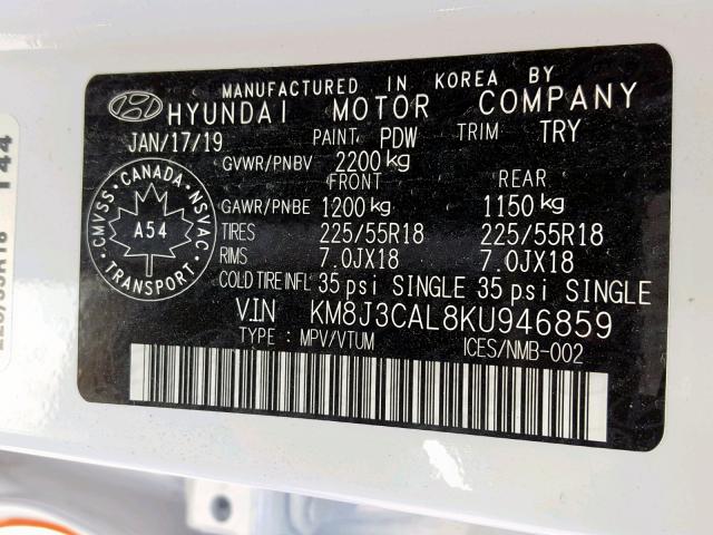 KM8J3CAL8KU946859 - 2019 HYUNDAI TUCSON LIM WHITE photo 10