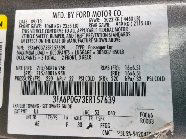 3FA6P0G73ER157639 - 2014 FORD FUSION S GRAY photo 10