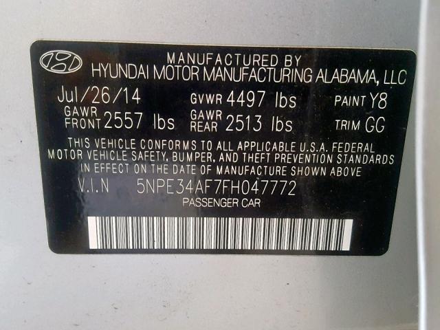 5NPE34AF7FH047772 - 2015 HYUNDAI SONATA SPO SILVER photo 10