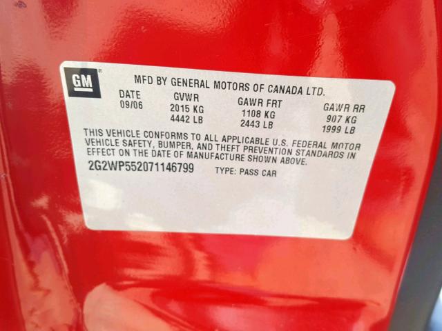 2G2WP552071146799 - 2007 PONTIAC GRAND PRIX RED photo 10