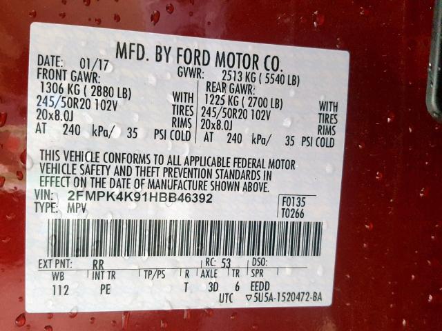 2FMPK4K91HBB46392 - 2017 FORD EDGE TITAN RED photo 10