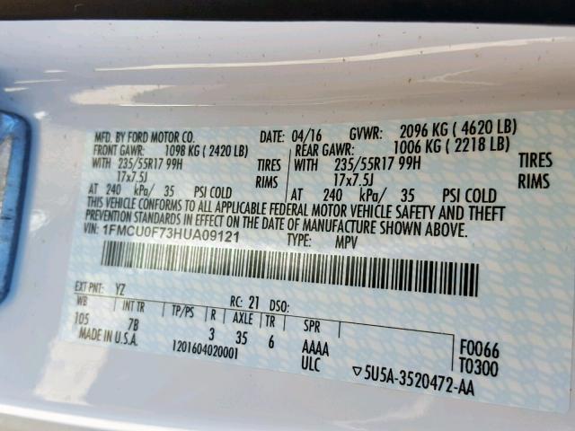 1FMCU0F73HUA09121 - 2017 FORD ESCAPE S WHITE photo 10