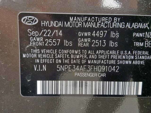 5NPE34AF3FH091042 - 2015 HYUNDAI SONATA SPO GRAY photo 10