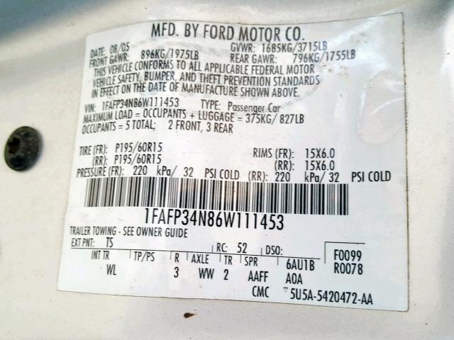 1FAFP34N86W111453 - 2006 FORD FOCUS ZX4 SILVER photo 10