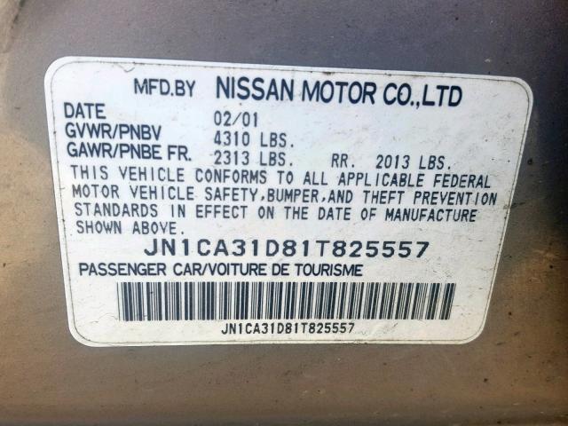 JN1CA31D81T825557 - 2001 NISSAN MAXIMA GXE GRAY photo 10