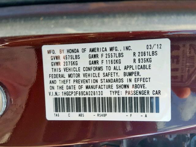 1HGCP3F89CA028130 - 2012 HONDA ACCORD EXL MAROON photo 10