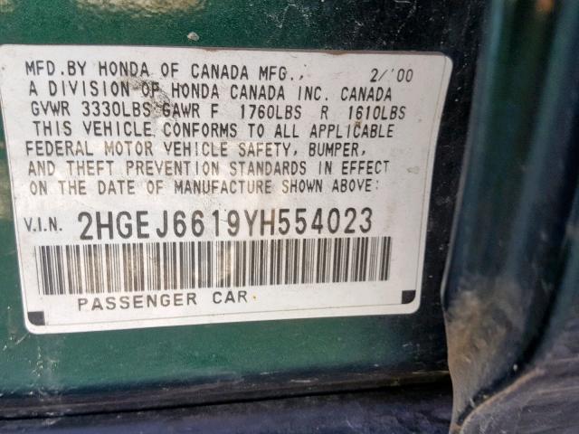 2HGEJ6619YH554023 - 2000 HONDA CIVIC BASE Yaşıl foto 10