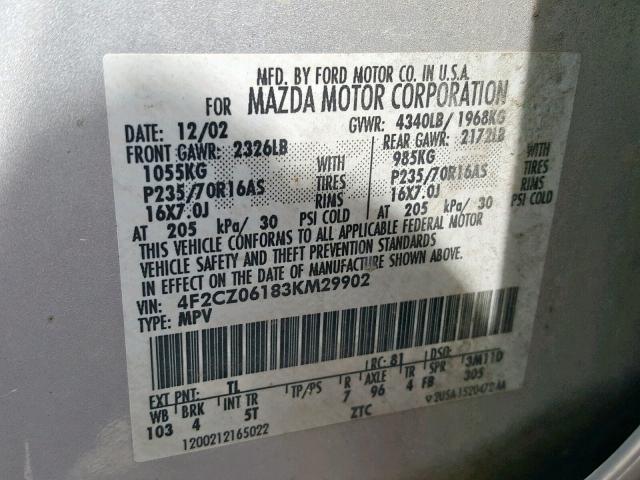 4F2CZ06183KM29902 - 2003 MAZDA TRIBUTE ES 银色 照片 10