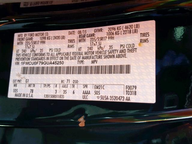 1FMCU0F79GUA45250 - 2016 FORD ESCAPE S BLACK photo 10