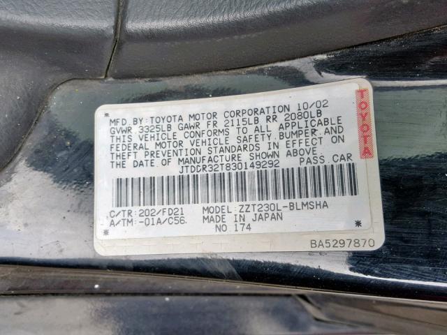 JTDDR32T830149292 - 2003 TOYOTA CELICA GT BLACK photo 10