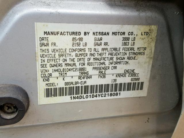 1N4DL01D4YC218081 - 2000 NISSAN ALTIMA XE SILVER photo 10