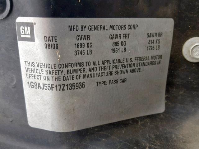 1G8AJ55F17Z135936 - 2007 SATURN ION LEVEL SILVER photo 10