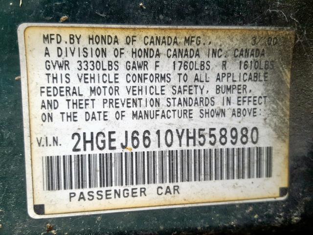 2HGEJ6610YH558980 - 2000 HONDA CIVIC BASE GREEN photo 10