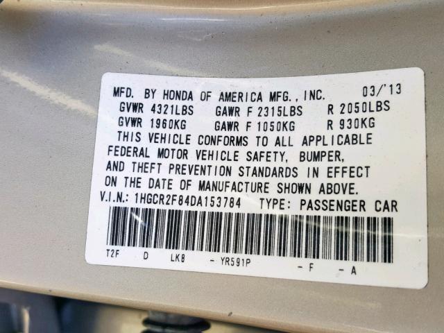 1HGCR2F84DA153784 - 2013 HONDA ACCORD EXL GOLD photo 10