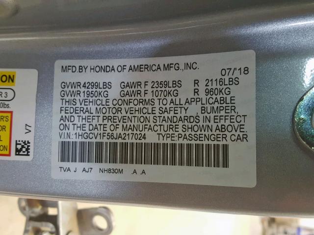 1HGCV1F56JA217024 - 2018 HONDA ACCORD EXL SILVER photo 10