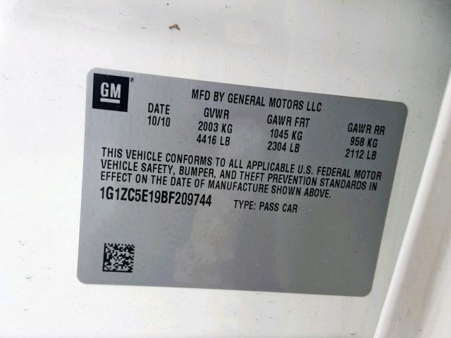 1G1ZC5E19BF209744 - 2011 CHEVROLET MALIBU 1LT WHITE photo 10