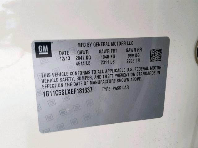 1G11C5SLXEF181637 - 2014 CHEVROLET MALIBU 1LT 白色 照片 10