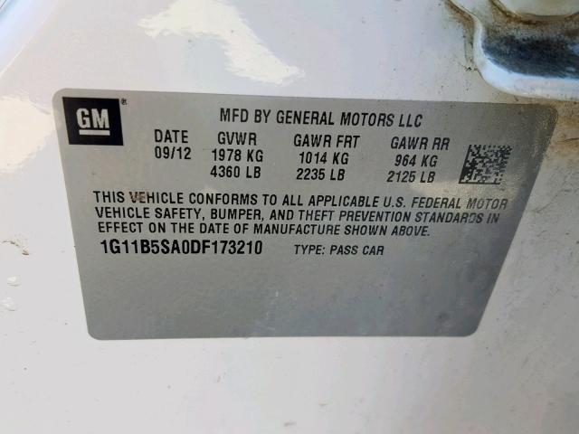 1G11B5SA0DF173210 - 2013 CHEVROLET MALIBU LS WHITE photo 10