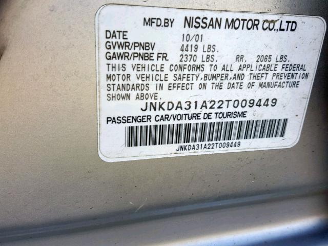 JNKDA31A22T009449 - 2002 INFINITI I35 SILVER photo 10